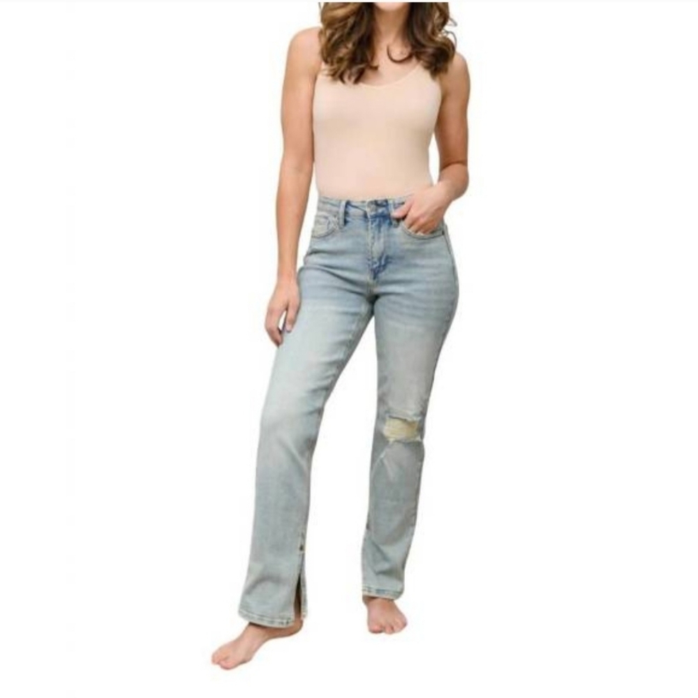 NWT JUDY BLUE High Rise Straight Fit Destroyed Jeans Light‎ Wash Slit Leg 15/32